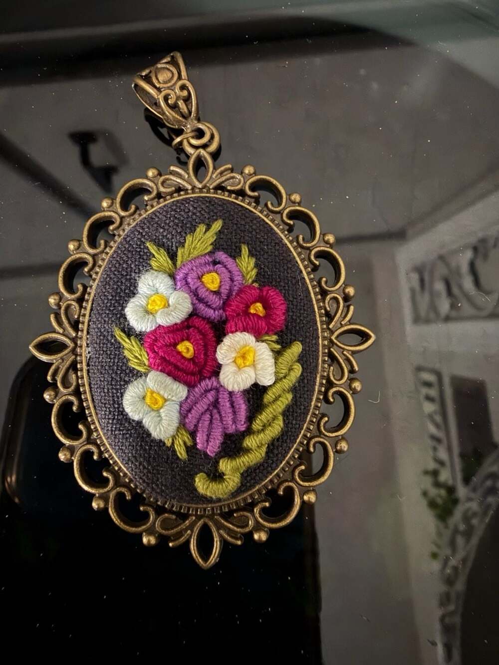 Hand Embroidered Floral  Antique Bronze Pendant